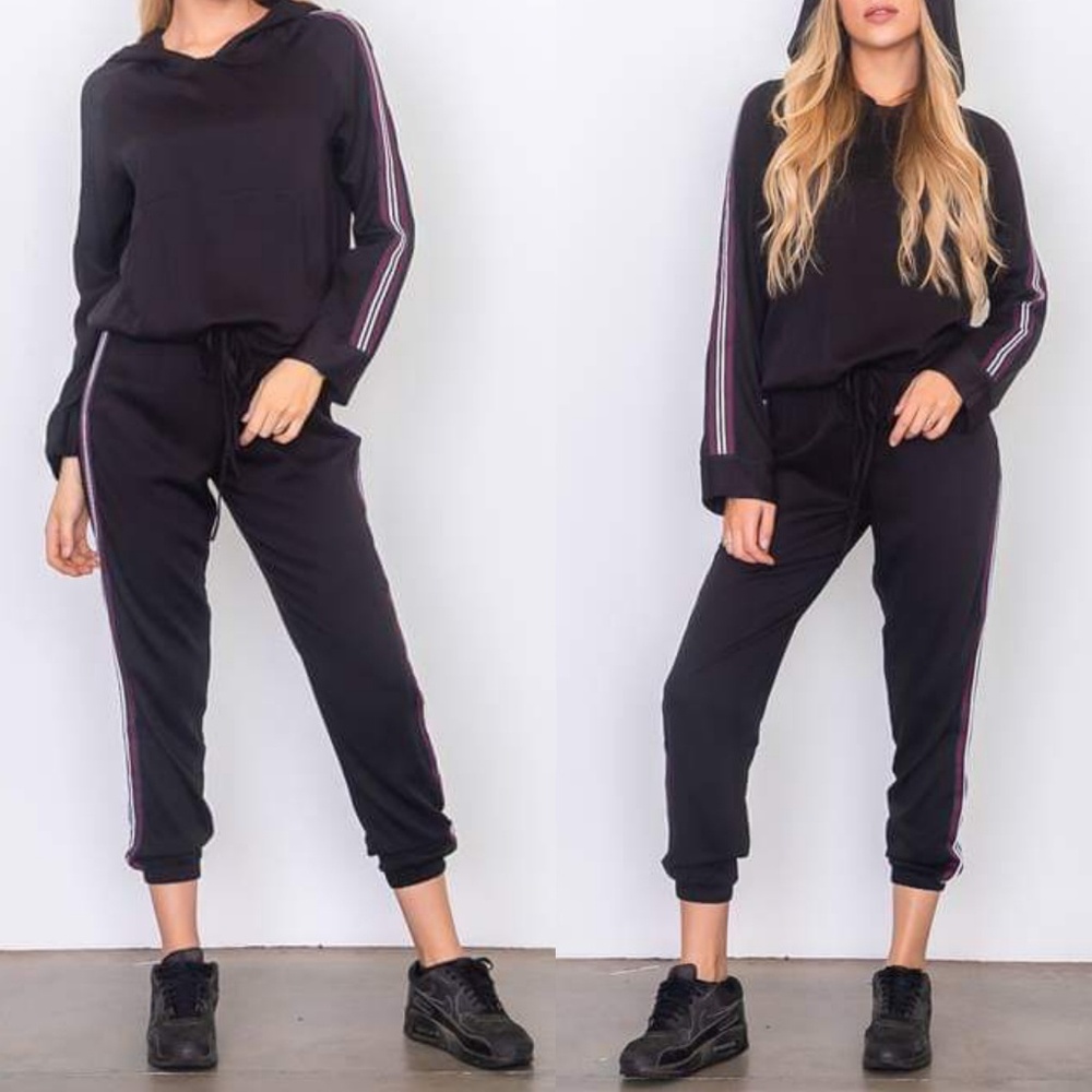 FAST PACE STRIPED WOVEN JOGGER HOODIE SET (BLACK) - Picture 4 of 8
